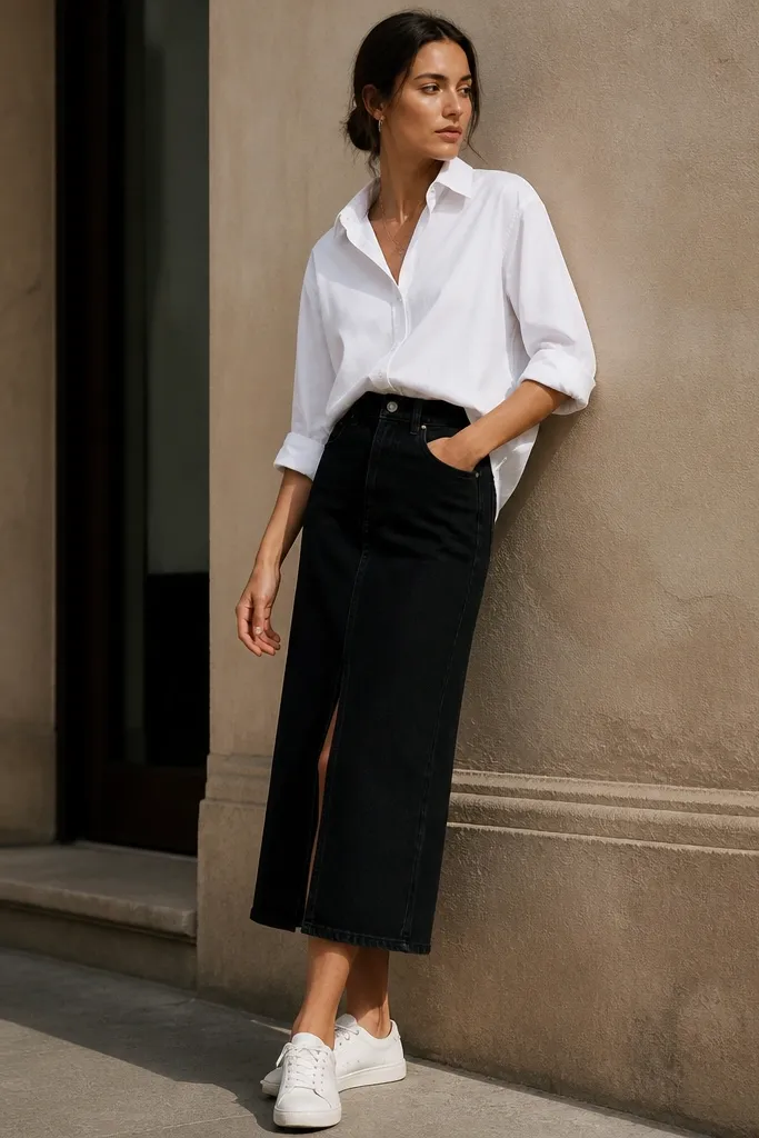 A black denim midi skirt paired with a white button-up shirt. The shirt is tucked in at the front and slightly loose at the back, with sleeves rolled to the forearm. The outfit includes white sneakers.