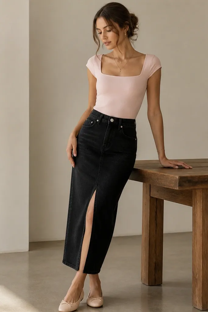 A black denim skirt styled with a soft pink fitted top tucked at the waist. Nude ballet flats and delicate layered necklaces finish the look.