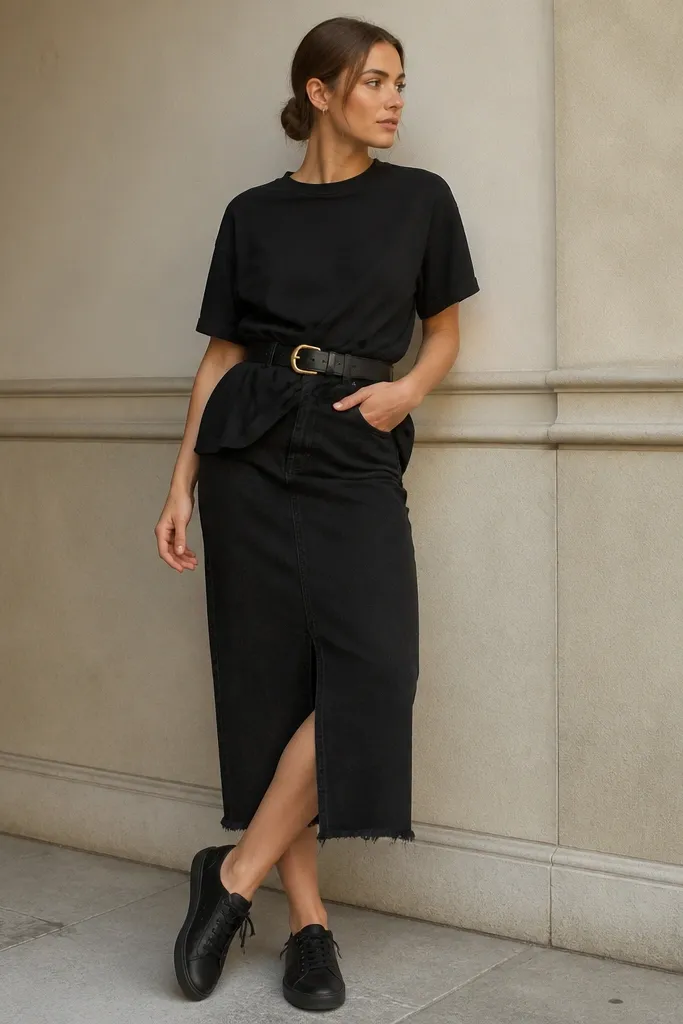 A black denim skirt with a longer black tee worn over it like a tunic. The tee is tied or tucked at the waist with a belt, and the look is paired with black sneakers.