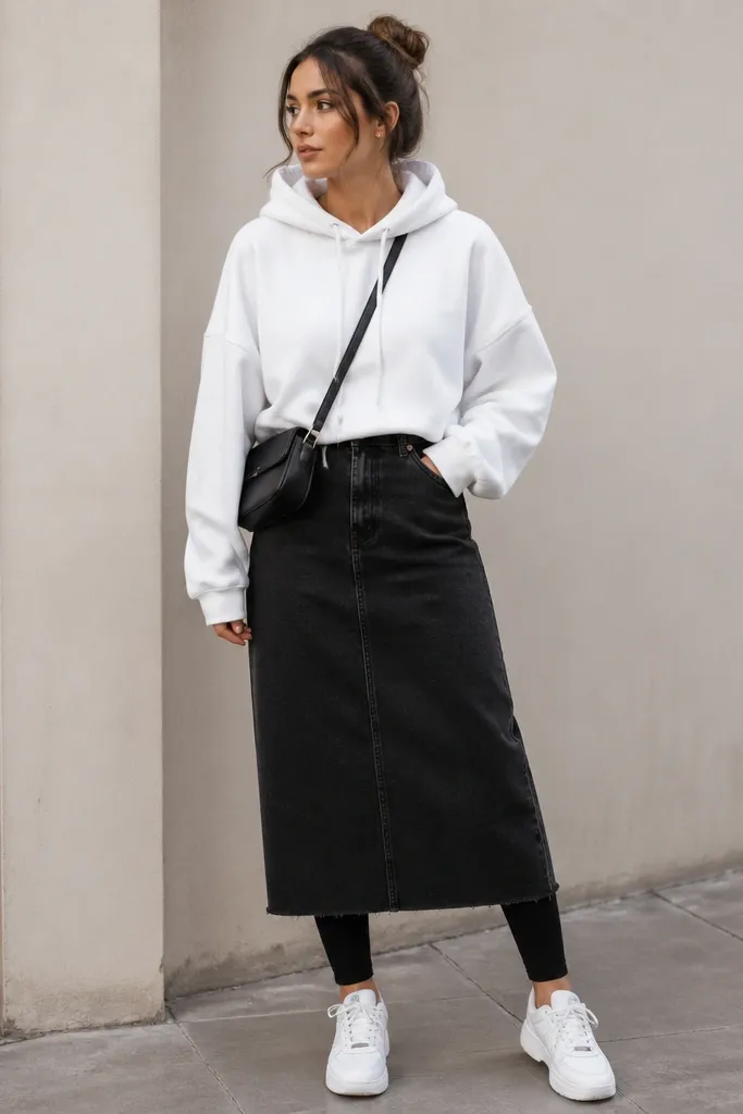 A black denim skirt paired with a white hoodie. The hoodie is worn loose with sleeves down, and the outfit includes black leggings peeking at the hem, plus a black crossbody and white sneakers.