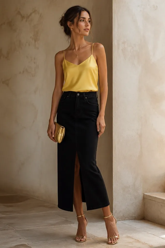 A black denim skirt styled with a lemon-yellow satin cami tucked in. The outfit includes strappy heeled sandals and a small gold clutch.