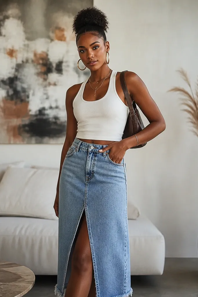 Aesthetic denim skirt outfit black women styling tips