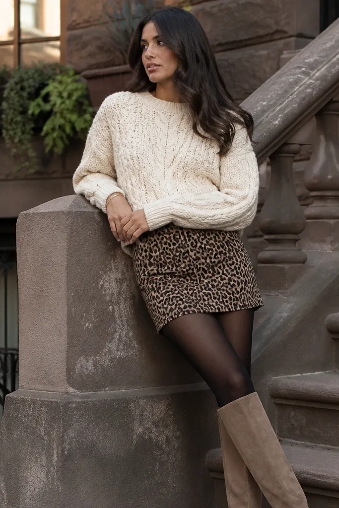 A model in a cream cable knit sweater over a leopard mini skirt with sheer-to-opaque black tights and tall taupe suede boots.
