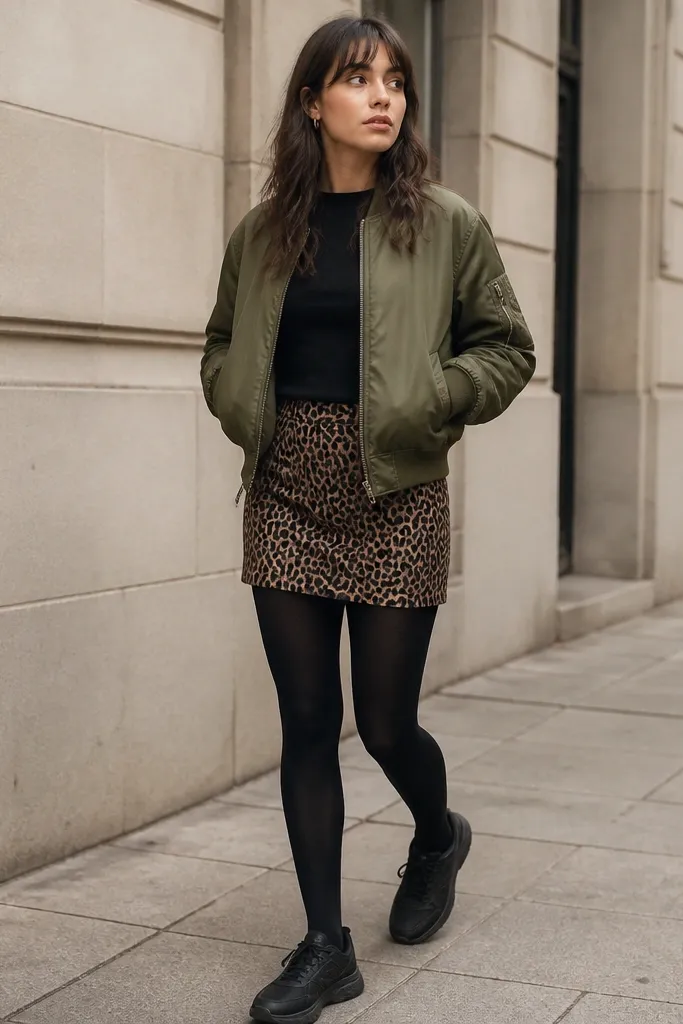 A model wearing an olive bomber jacket over a fitted black top with a leopard skirt and black opaque tights, plus low-profile black sneakers.