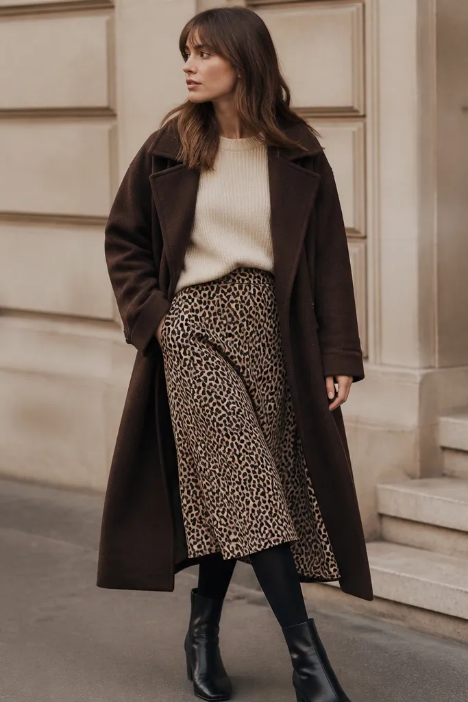 A model with a chocolate wool coat over a cream knit top, a leopard midi skirt, and black tights with ankle boots.