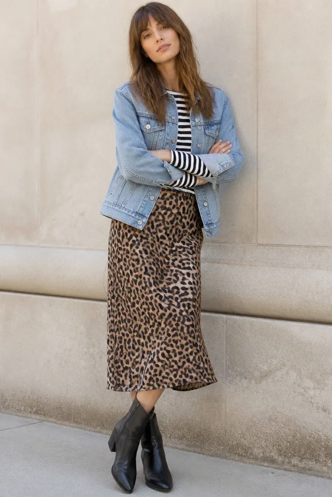 A model wearing a light blue denim jacket over a black-and-cream striped long-sleeve shirt with a leopard skirt and black ankle boots.