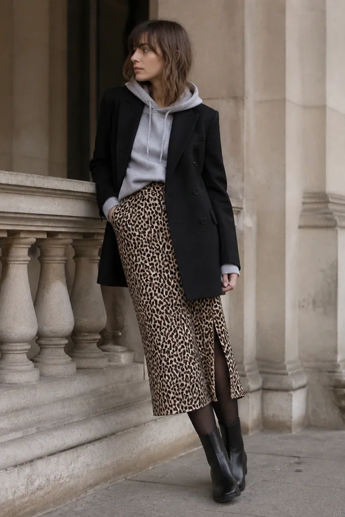 A model wearing a heather gray hoodie under a long tailored blazer, leopard midi skirt, black tights, and black boots.