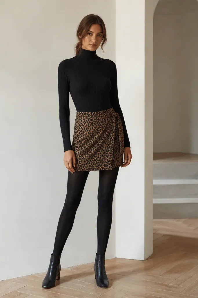 A model in a fitted ribbed turtleneck dress with a leopard skirt worn over it like a layered look, plus black tights and ankle boots.