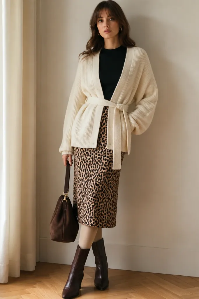 A model wearing a belted cream cardigan over a fitted black top with a leopard midi skirt, cream-toned tights, and dark brown boots.