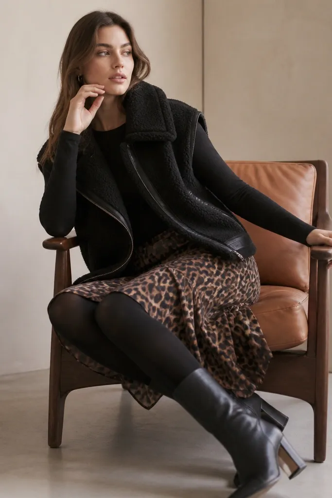 A model in a black shearling vest over a fitted black long sleeve, leopard skirt, opaque tights, and black boots.