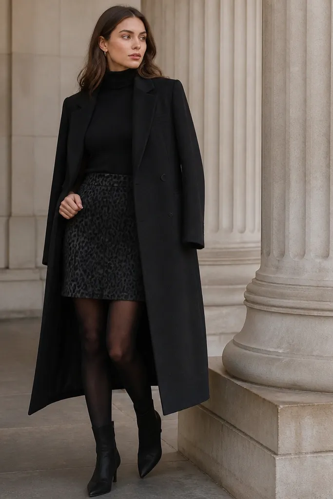 A model wearing an all-black turtleneck, black leopard skirt, black tights, and black boots, with a black long coat.