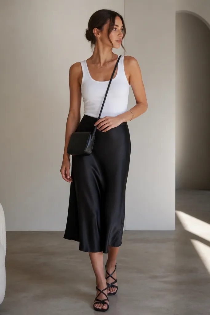 A white tank worn under a black satin midi skirt with a slight sheen. The skirt falls in soft folds to mid-calf. A delicate silver chain necklace. Strappy black sandals and a small crossbody bag.