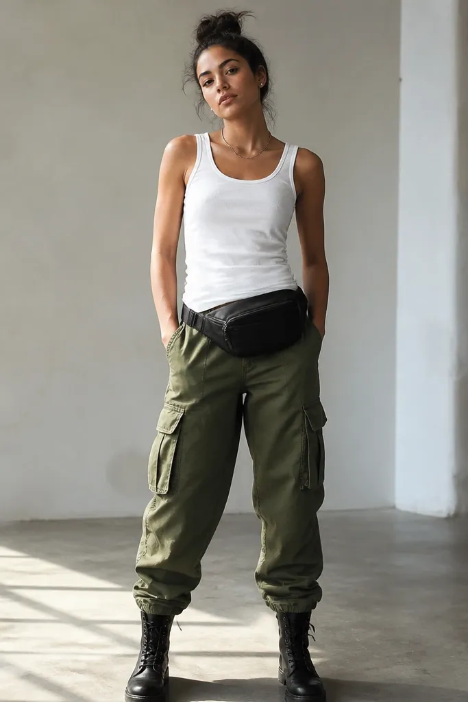 A white tank worn untucked with olive cargo pants. A black belt bag sits across the waist. Black combat boots. A simple chain necklace and small stud earrings.