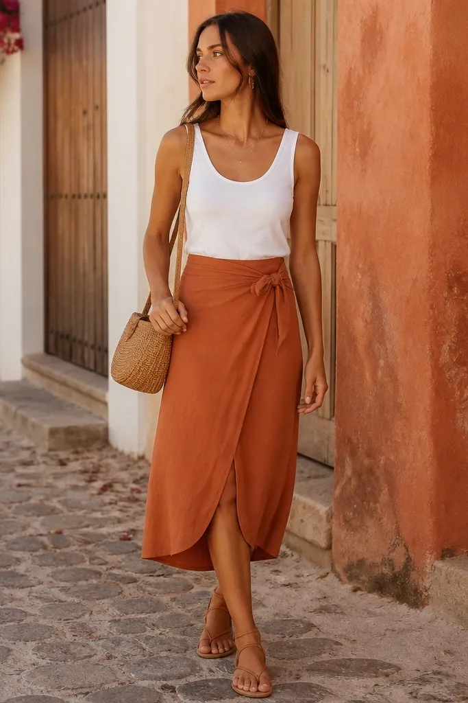 A white tank tucked into a terracotta midi skirt with a subtle wrap or tie front. Tan strappy sandals and a woven crossbody bag. The photo highlights the warm color contrast with white.