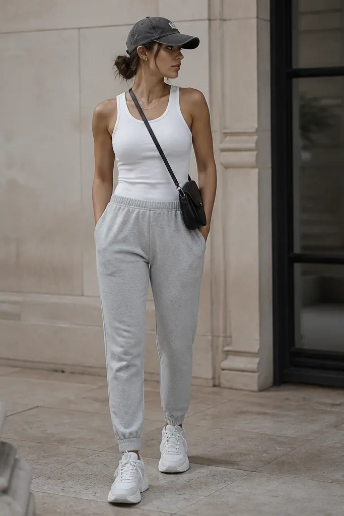 A white tank paired with light gray sweatpants with a tapered ankle. White sneakers and a faded baseball cap. A small crossbody bag and a thin chain necklace.