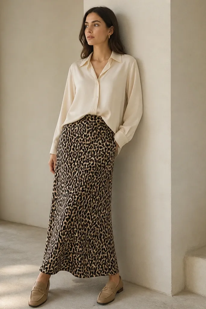 A cream long-sleeve button-down is half-tucked into a long leopard skirt. The model wears tan loafers and a small gold hoop earring; the skirt has a smooth, flowing fall.
