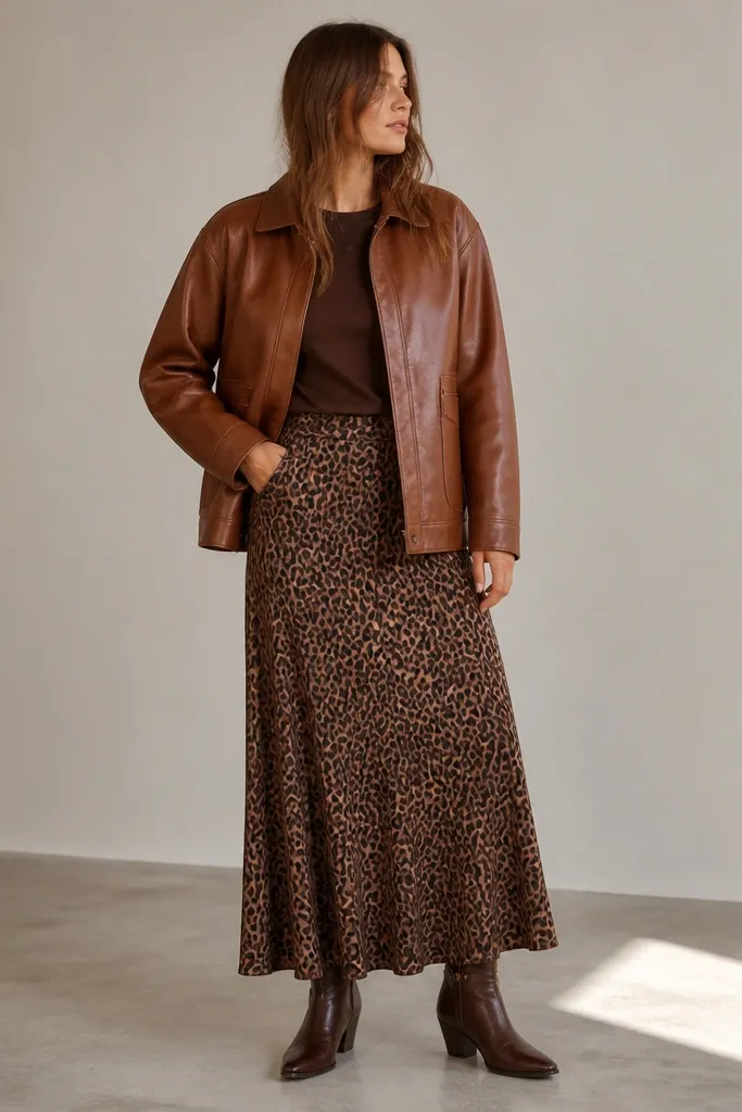 A cognac leather-look jacket sits over a plain brown tee. The long leopard skirt is visible underneath, and the model wears brown ankle boots with minimal hardware.