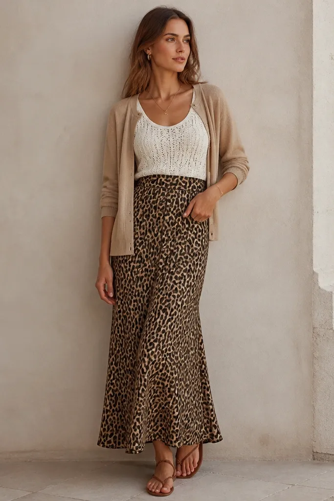 A white crochet tank is layered under a lightweight tan cardigan. The long leopard skirt hangs from a high waist, and the model has simple strappy sandals.