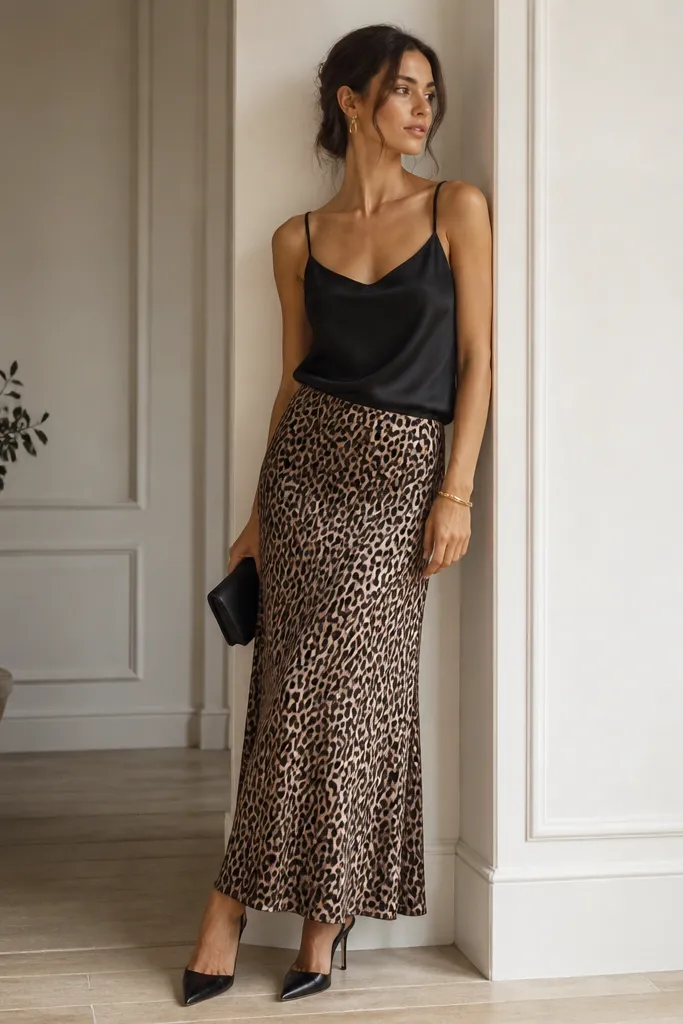 A black satin camisole with spaghetti straps is worn with a long leopard skirt. The model wears sleek black pointed-toe heels and a small clutch.