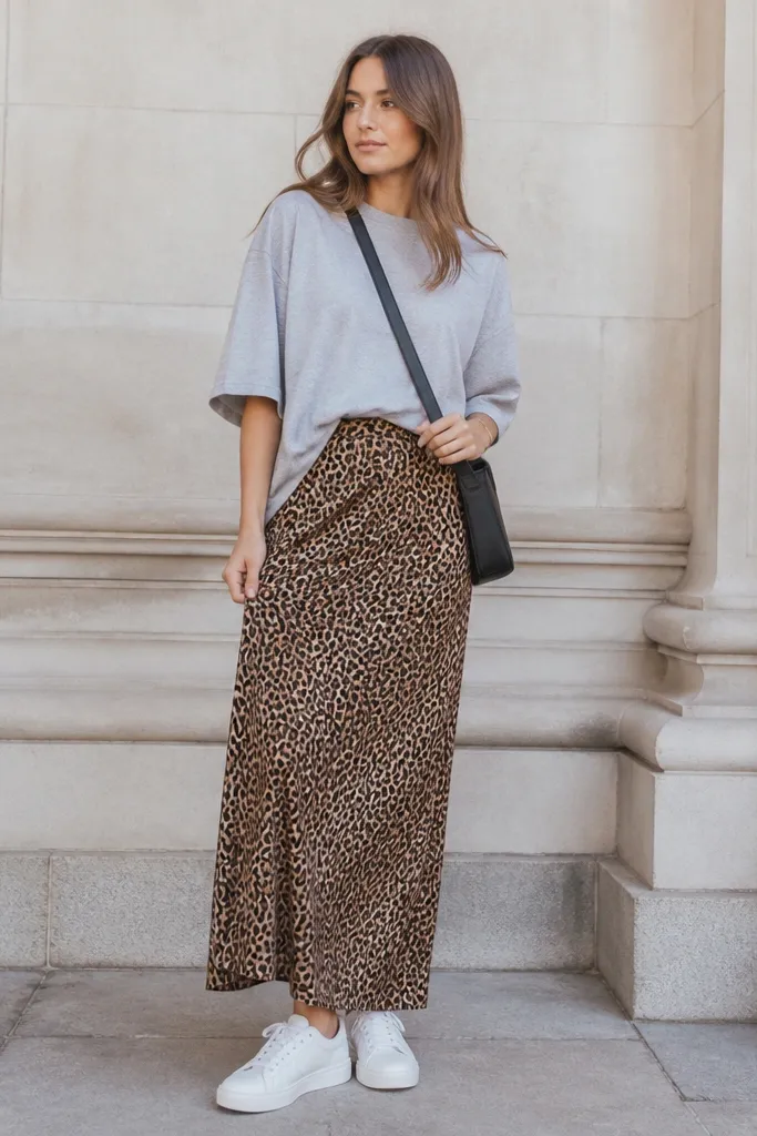 An oversized heather gray t-shirt is front-tucked into a long leopard skirt. The model wears clean white sneakers and a crossbody bag.
