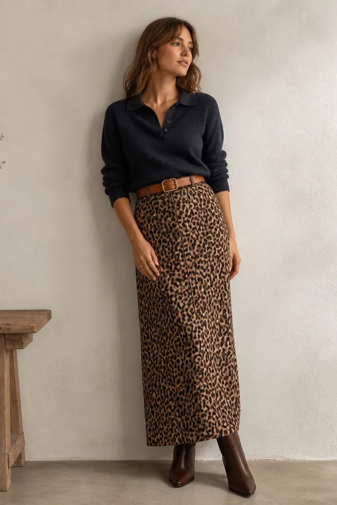 A navy knit polo with a collar is tucked into a long leopard skirt. The model wears a tan belt and brown ankle boots.