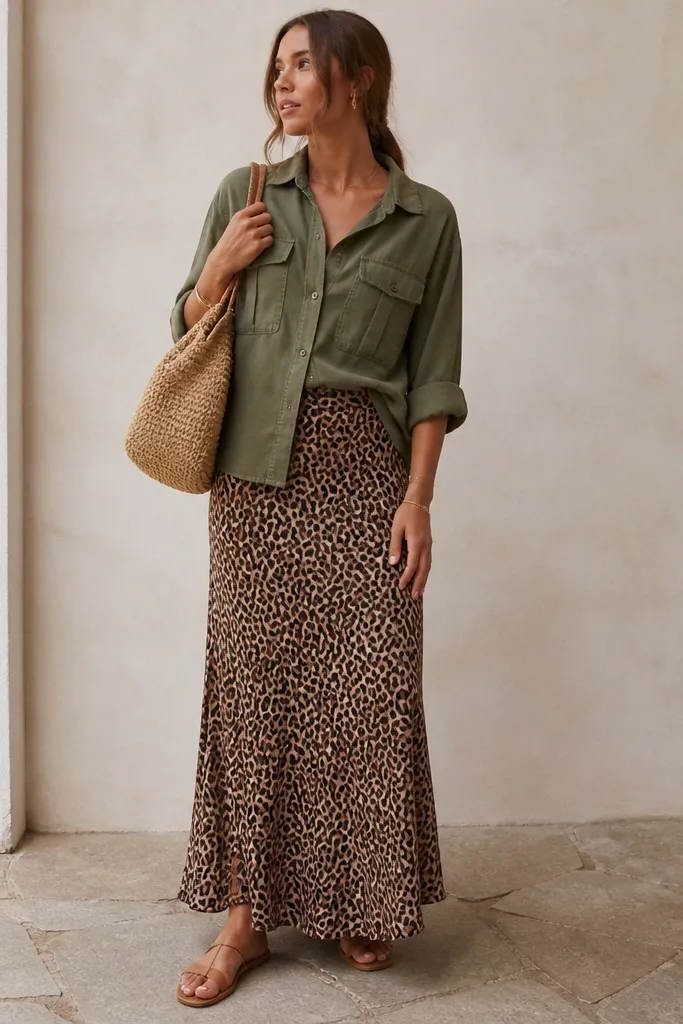 An olive utility shirt with buttons and chest pockets is worn with rolled sleeves over a long leopard skirt. The model wears flat tan sandals and a woven shoulder bag.
