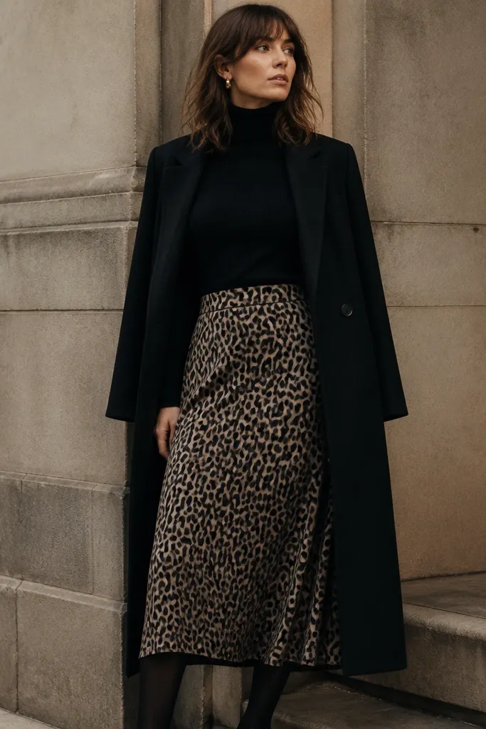 A fitted black turtleneck sweater is tucked under a long leopard skirt. The model wears black tights and a long coat draped over the shoulders.
