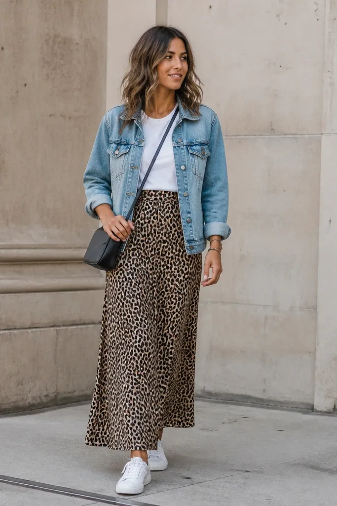 A white graphic tee is paired with a long leopard skirt and a light blue denim jacket. The model wears white low-top sneakers and carries a small crossbody bag.