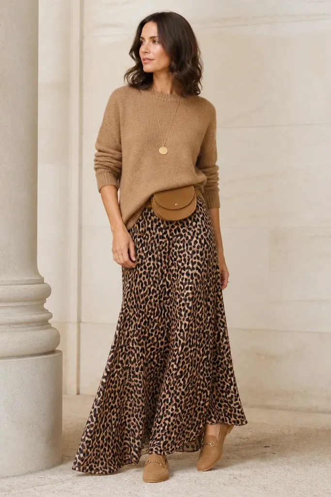 A camel knit sweater is worn with a long leopard skirt and a small belt bag in tan. The model wears flat loafers and a long gold necklace.