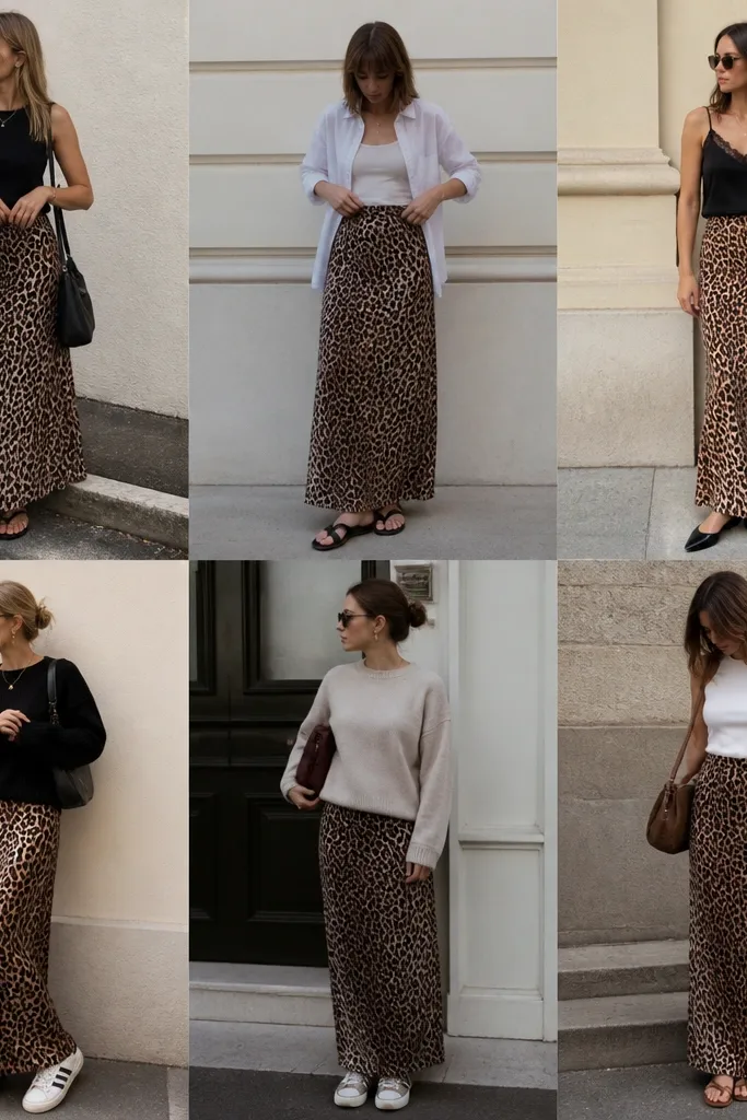 Affordable long leopard skirt outfit combos