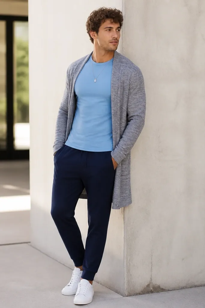 Deep navy joggers paired with a sky blue fitted performance tee. Over it is a longline knit cardigan in heather gray, open in front, with white sneakers and a simple silver necklace.