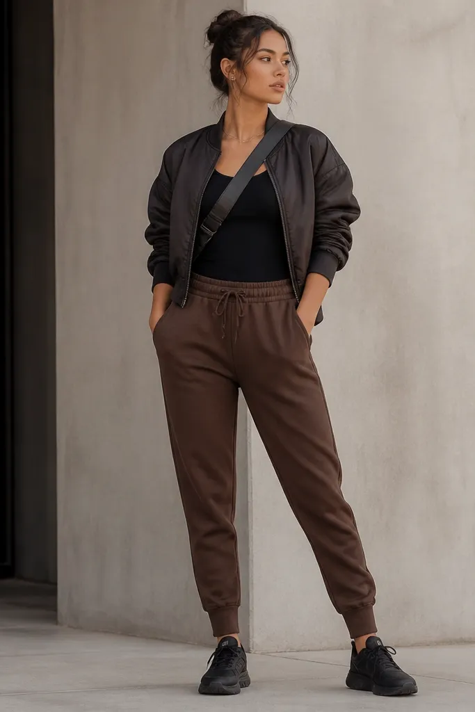 Espresso brown joggers with a tapered ankle, styled with a black athletic tank. A cropped bomber jacket sits over the tank, with black sneakers and a crossbody strap crossing the chest.