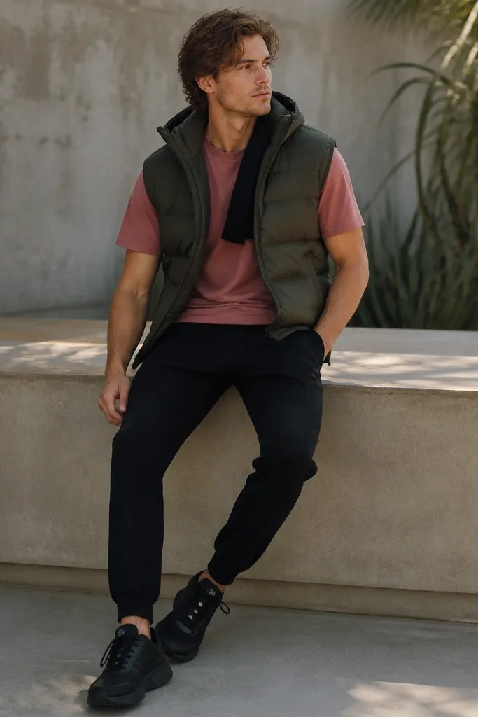 Black joggers paired with a rose-pink short-sleeve tee. Over it is a cropped puffer vest in dark olive, with black sneakers and a beanie tucked into the collar area.