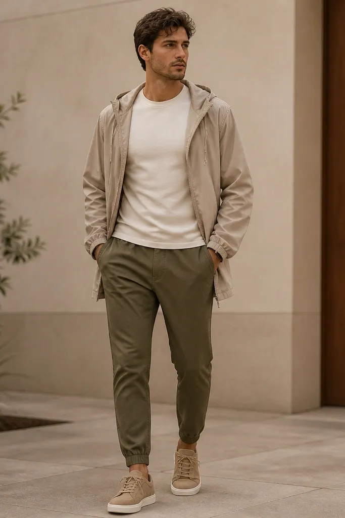 Olive green joggers with a tapered ankle paired with a cream fitted tee. A lightweight anorak in sand beige is worn open, with tan sneakers and a hood down.