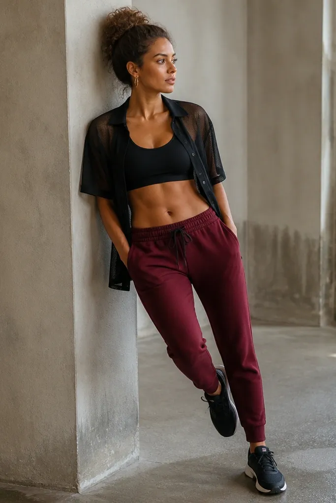 Burgundy gym joggers paired with a black sports bra. Over it is a sheer black mesh tee worn open, with black sneakers and a gold hoop earring.