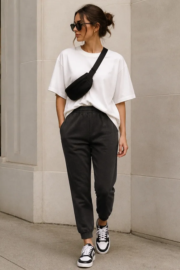 Charcoal gray joggers paired with an oversized white T-shirt. The shirt is front-tucked on one side, with a black belt bag and black-and-white sneakers.