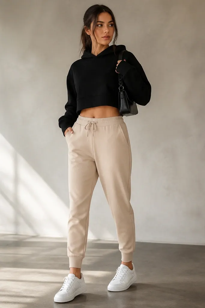 Light beige gym joggers with tapered ankle paired with a black cropped hoodie. The outfit is finished with clean white sneakers and a small black shoulder bag.