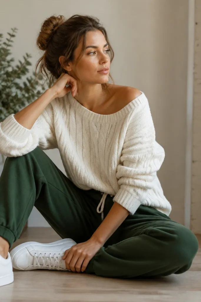 Forest green joggers paired with a cream cable-knit sweater. The sweater is worn slightly loose at the shoulders, with sleeves pushed to mid-forearm and white sneakers.