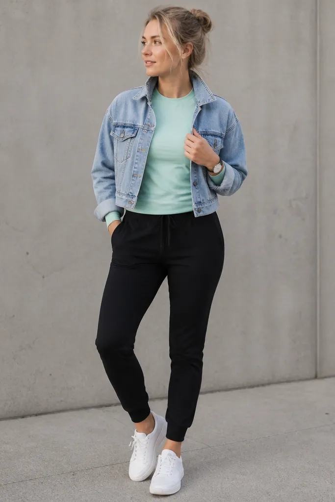 Black joggers paired with a mint green long-sleeve performance top. A cropped light-wash denim jacket is worn open, with white sneakers and a simple watch.