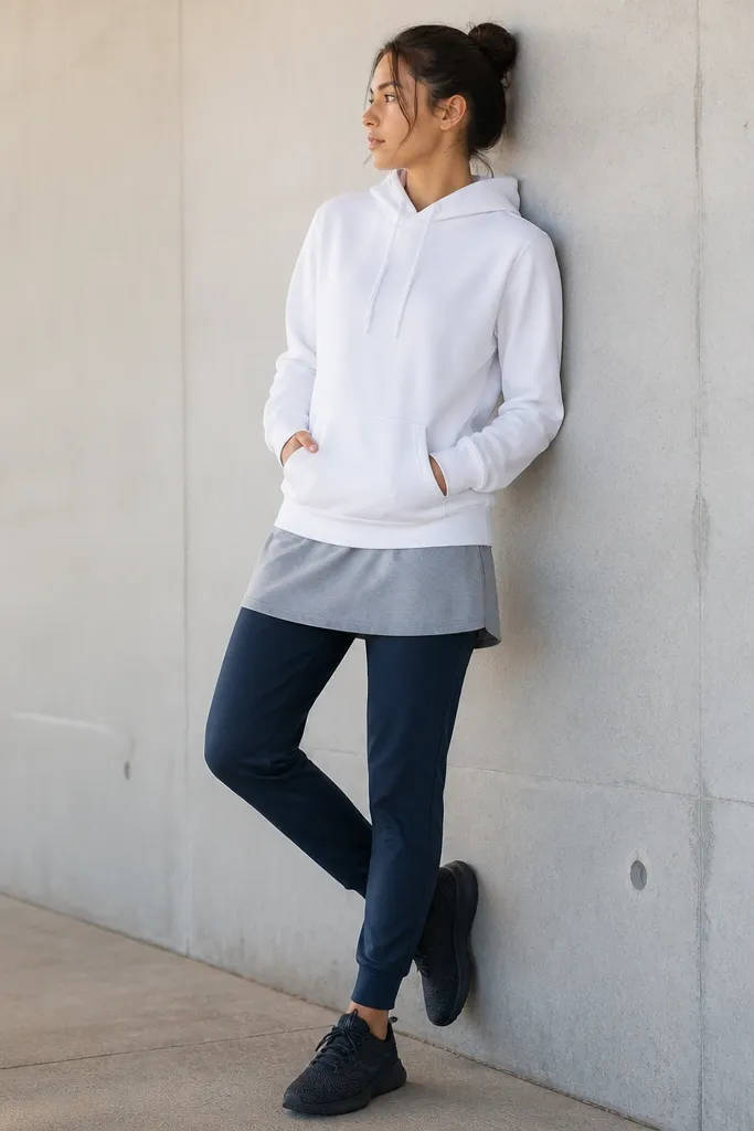 Navy joggers tapered at the ankle paired with a white hoodie. Over the joggers is a short athletic skirt layer in light gray, and the shoes are dark running sneakers.