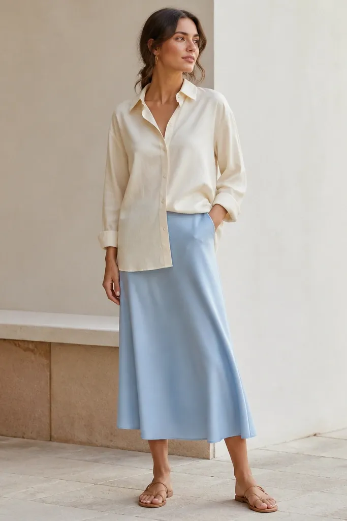 A cream button-up shirt worn slightly untucked over a baby blue midi skirt with a soft drape; the styling includes tan sandals and small hoop earrings.