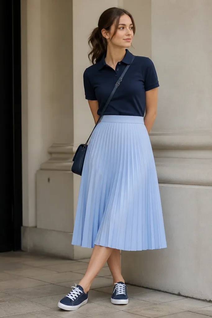 A navy polo shirt tucked into a baby blue pleated midi skirt; the outfit is paired with navy canvas sneakers and a crossbody bag.