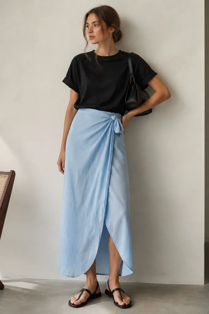 A black graphic t-shirt with a baby blue wrap skirt tied at the side; the photo shows flat black sandals and a black shoulder bag.