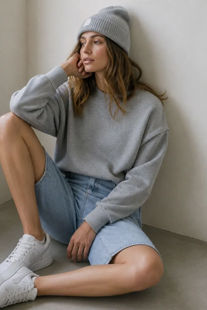 A heather gray sweatshirt worn with a baby blue denim skirt; the styling includes white sneakers and a beanie.