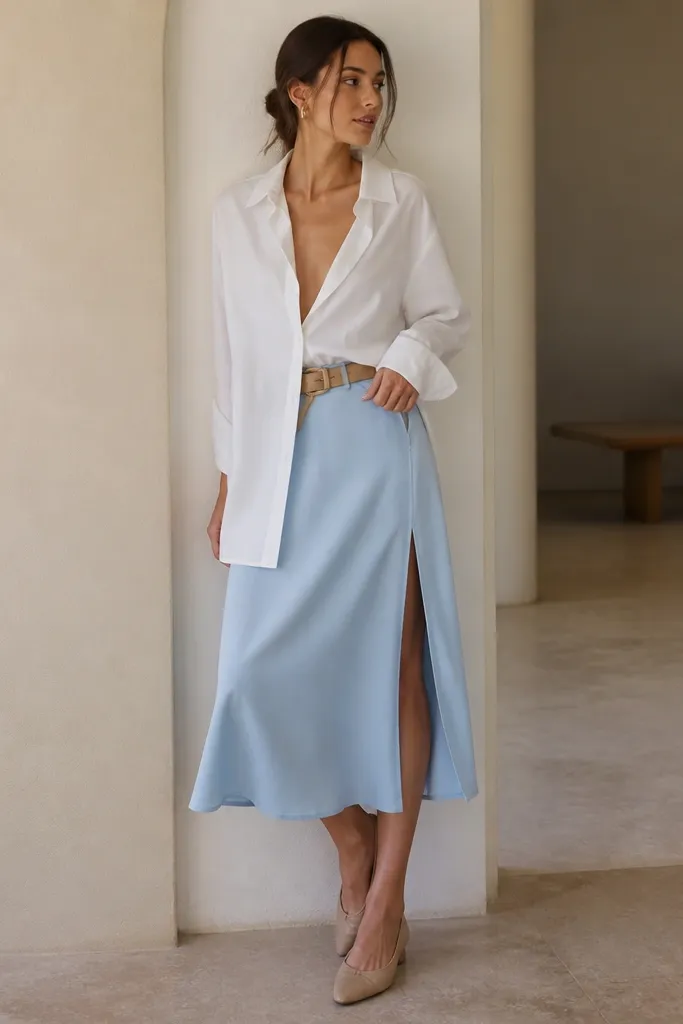 An oversized white shirt worn open over a baby blue midi skirt with a visible side slit; the outfit is styled with tan belt and nude flats.