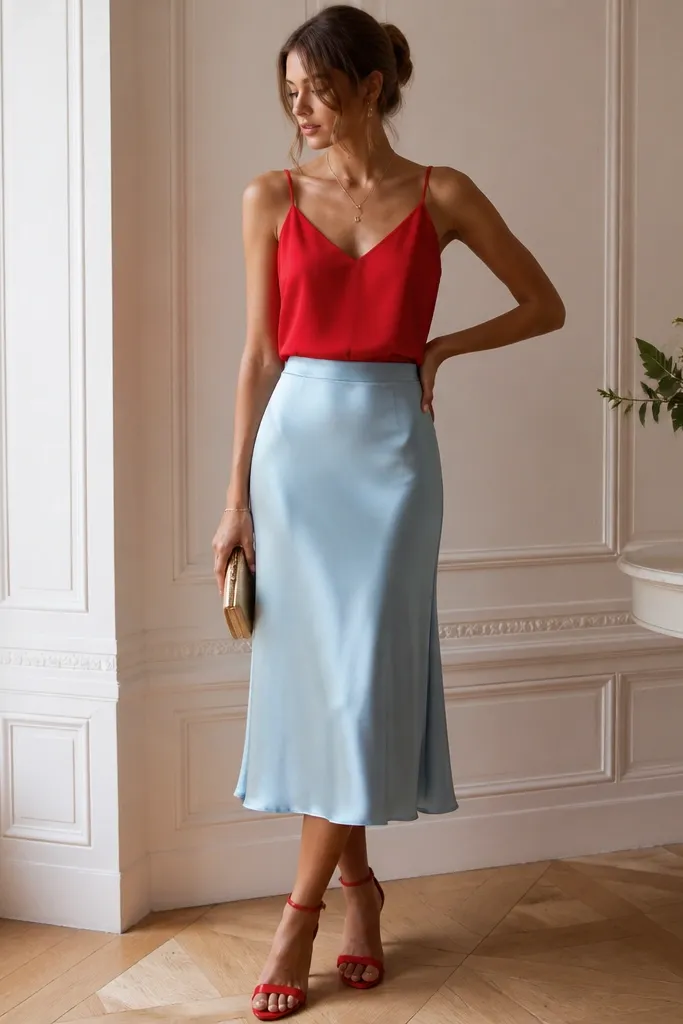 A bright red camisole tucked into a baby blue satin skirt; the photo shows strappy red heels and a small clutch.