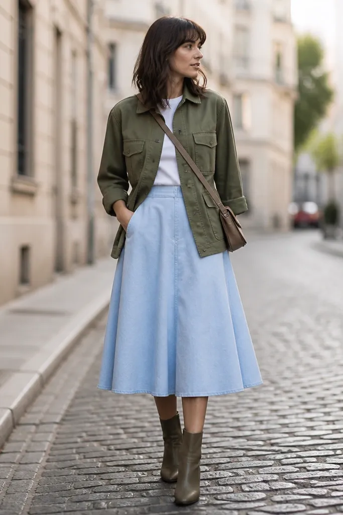 An olive utility jacket worn over a baby blue A-line skirt and a white tee; the photo includes olive boots and a crossbody bag.