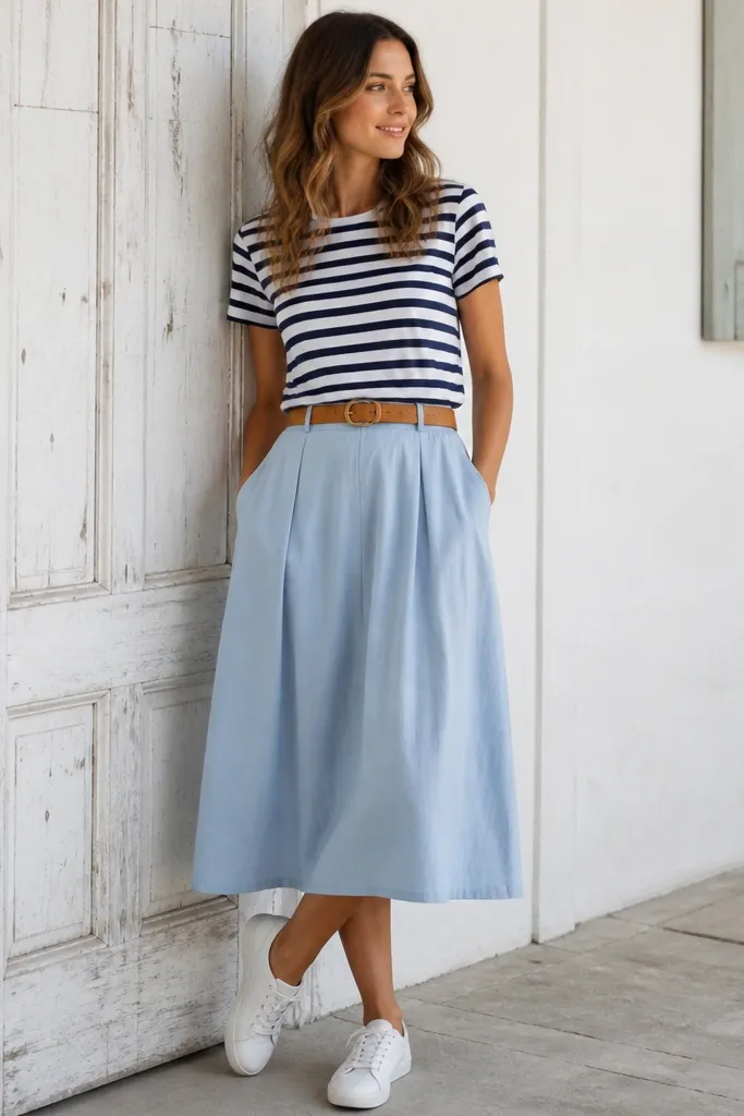 A navy-and-white striped tee tucked into a baby blue midi skirt with a tan belt; the outfit is paired with white sneakers.