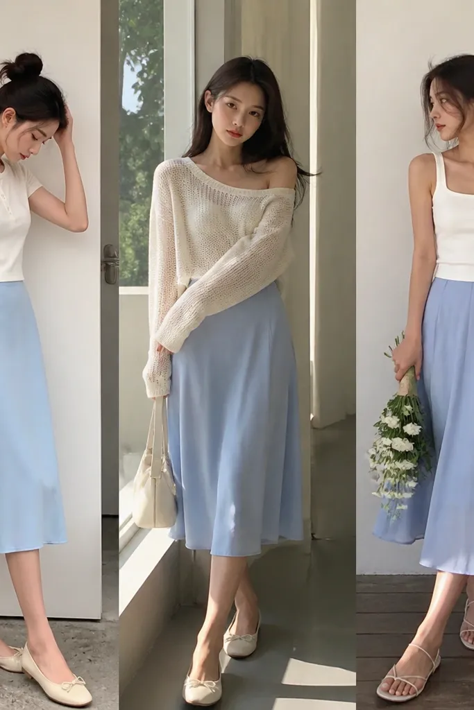 Budget baby blue skirt outfit ideas