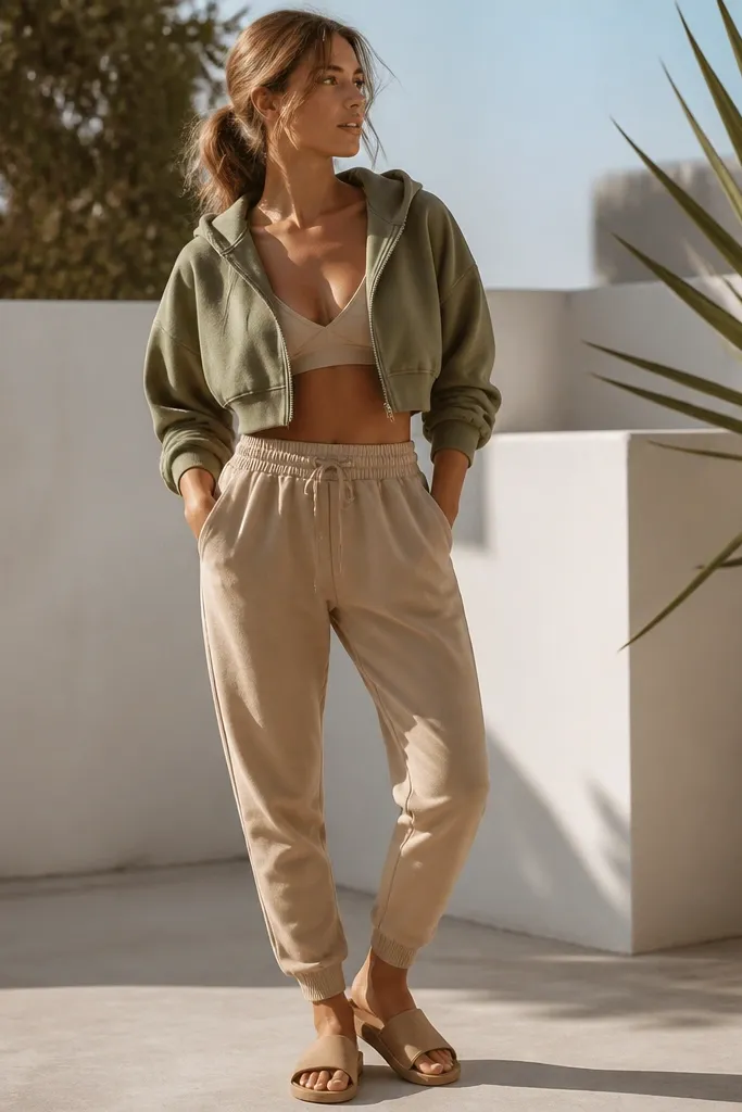 Outdoor shot: tan joggers with a relaxed thigh and tapered ankle, an olive cropped hoodie worn open at the front, and tan suede slide sandals. The hoodie ends at the high waist, and the outfit looks casual and sunlit.